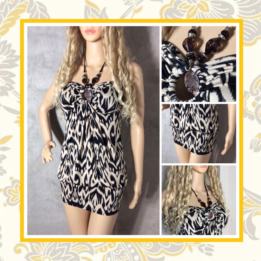 🎀 ANIMAL PRINT DRESS TRIBAL HALTER BEADED BOHO SHORT SMALL PETITE PADDED TOP